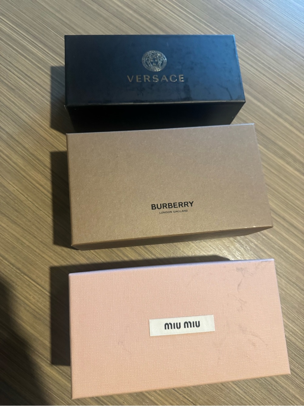 Versace, Burberry & Miu Miu Designer Sunglass Boxes - Black, Tan, Pink